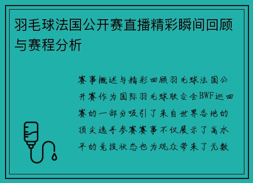 羽毛球法国公开赛直播精彩瞬间回顾与赛程分析